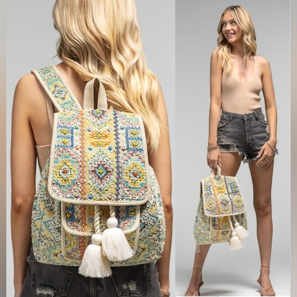 Ruggine Handbags - Boho Chic Backpack - Ethnic Inspired Pattern - Hand Beaded Accents - Fine Cotton